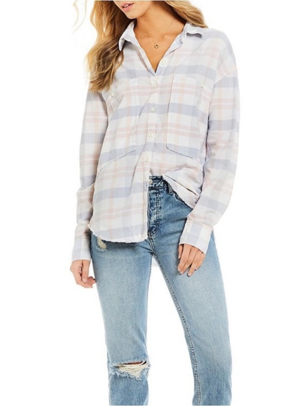 Free People Loveland Pastel Plaid Shirt Oversized Button Down Raw Hem Small